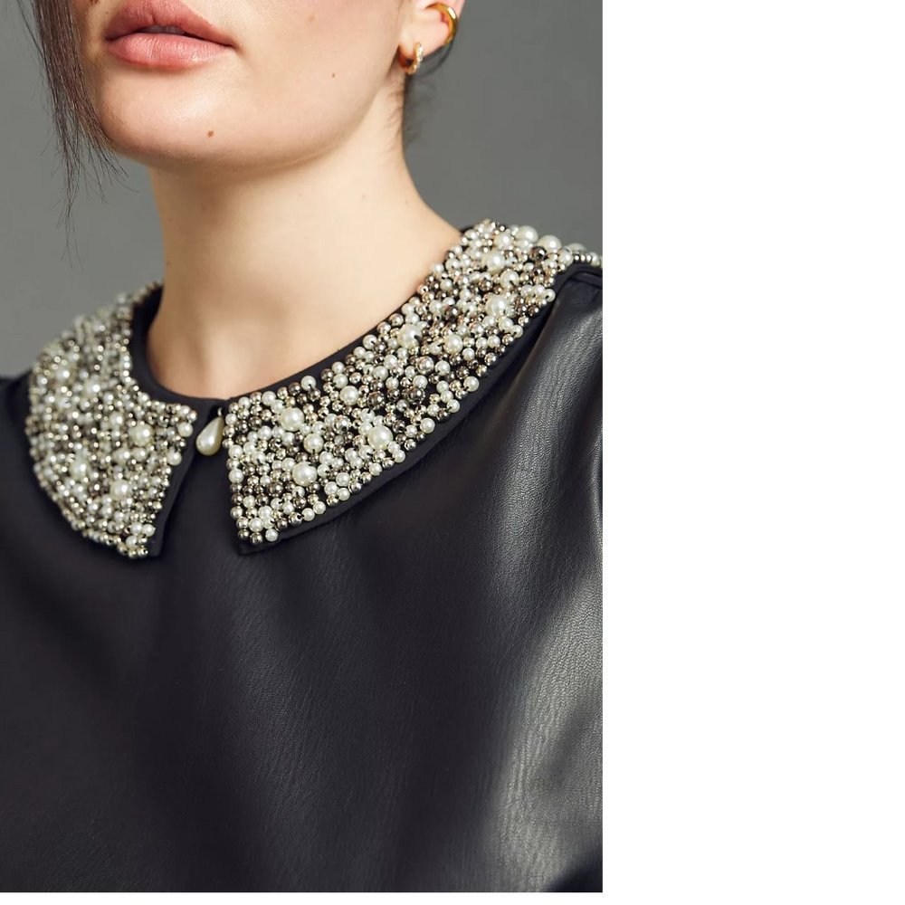 Anthropologie Maeve Faux Leather Puff-Sleeve Blouse XL new Embellished collar - Picture 3 of 8